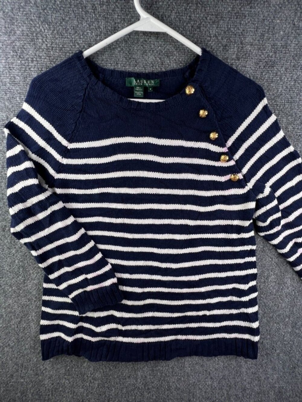 Lauren Ralph Lauren Women’s Sweater Medium Cotton Blue White Striped Buttons